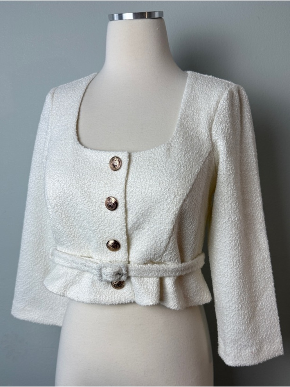 SERAPHINE Liora Ivory Tweed Cropped Button Front Dress Blazer with Belt ~ 4